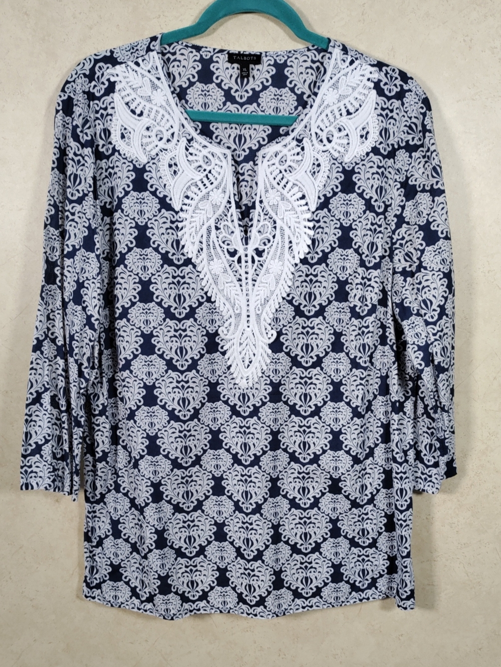 H177 Talbots Navy Tunic with White Lace Yoke